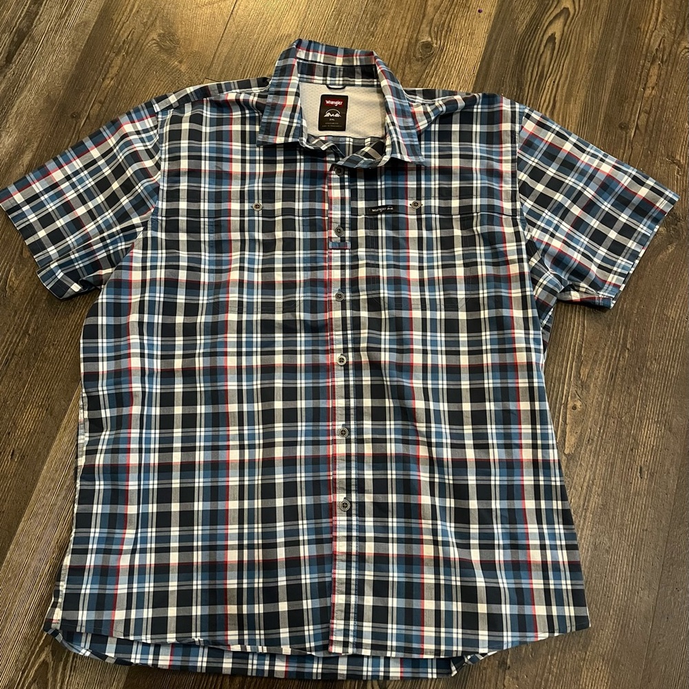 Wrangler Mens 2X Shirt Western Short Sleeve Button Up Gray White Check Pocket